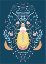 Beautiful folk spring creative illustration with flowers and a beetle.